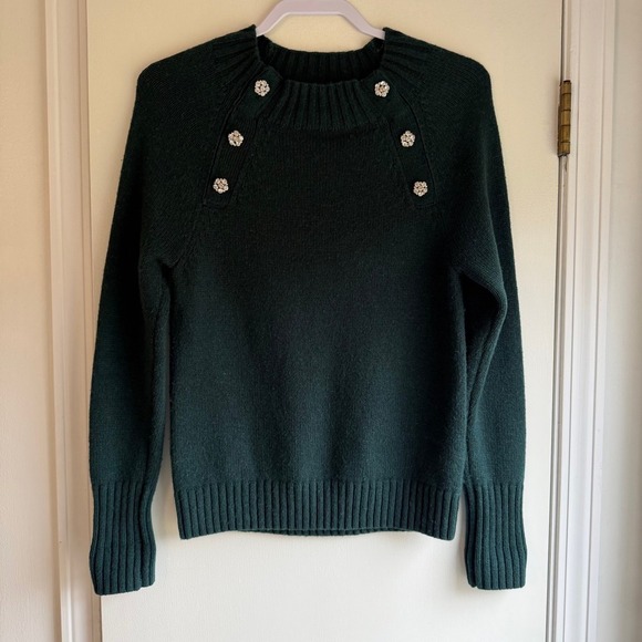 J.Crew Sweaters - J.Crew Womens Forest Green Rhinestone Flower Button Embellished Sweater XS